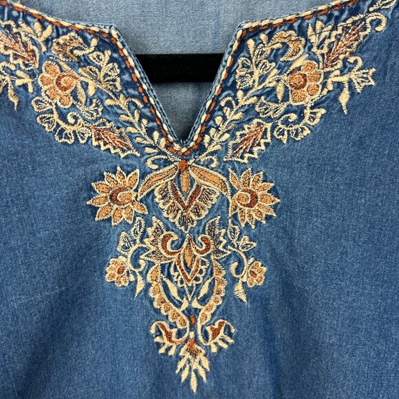 Zola Earthly Fashions Embroidered Denim Tunic Top Size XXL Boho Peasant Hippy - Picture 3 of 7